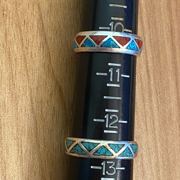 Vintage inlaid coral and turquoise southwest silver rings. - Picture 3 of 9